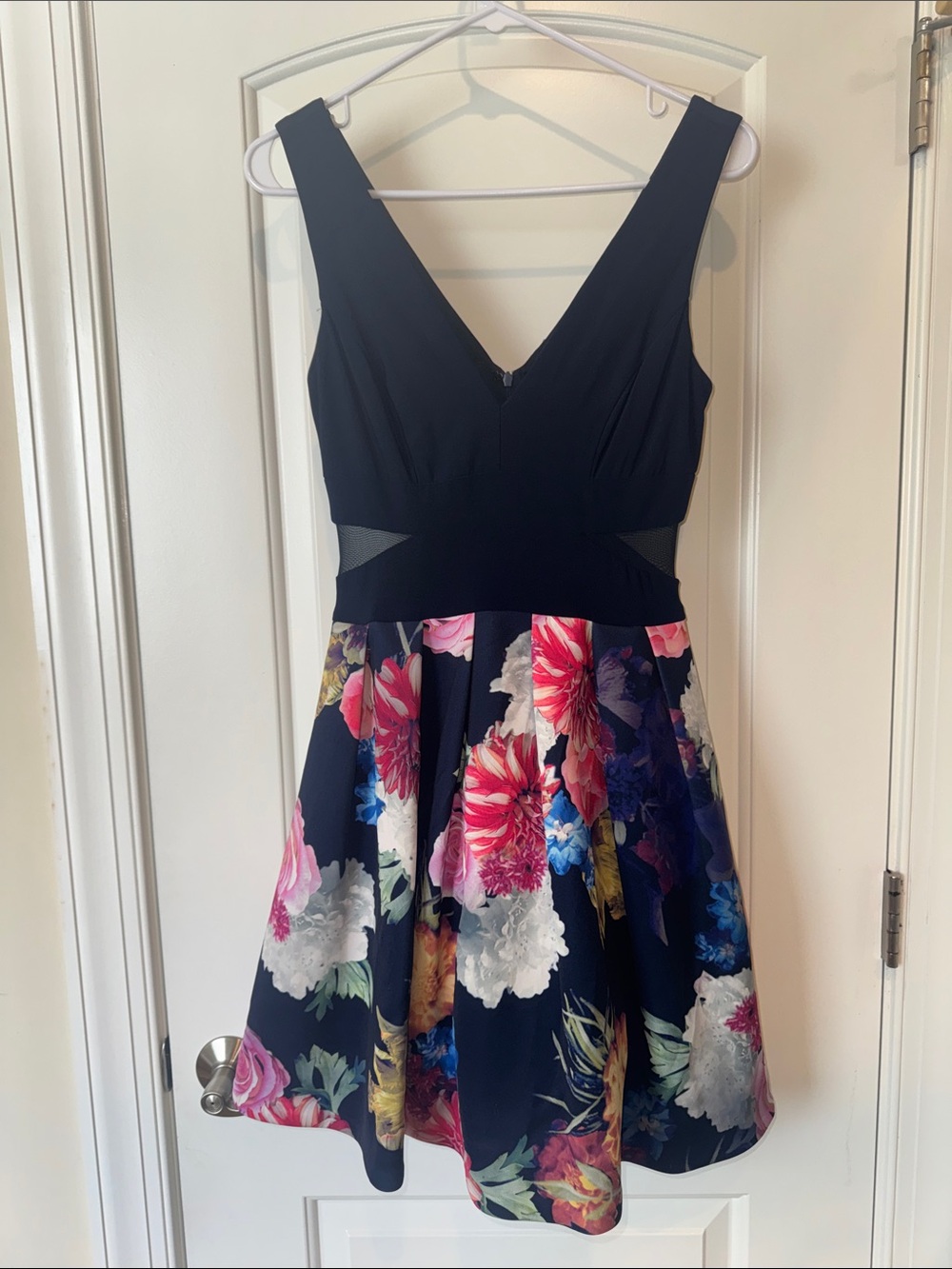 Xscape Navy Floral V‑Neck Fit & Flare Mini Dress